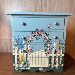 Vintage Gorgeous Hand-Painted Floral Garden Jewelry Chest - Blue
